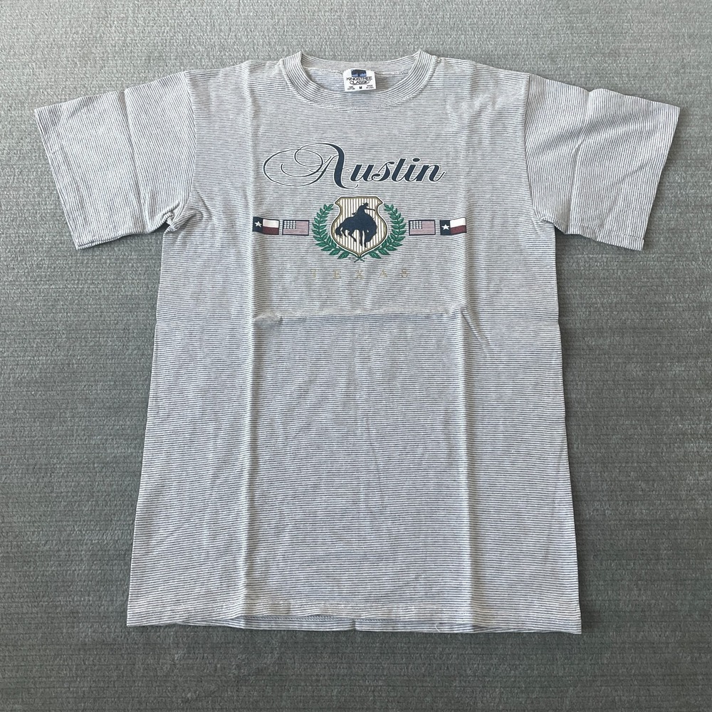 Vintage 90s Austin Texas T Shirt Striped Men M Gray Single Stitch Crew Neck